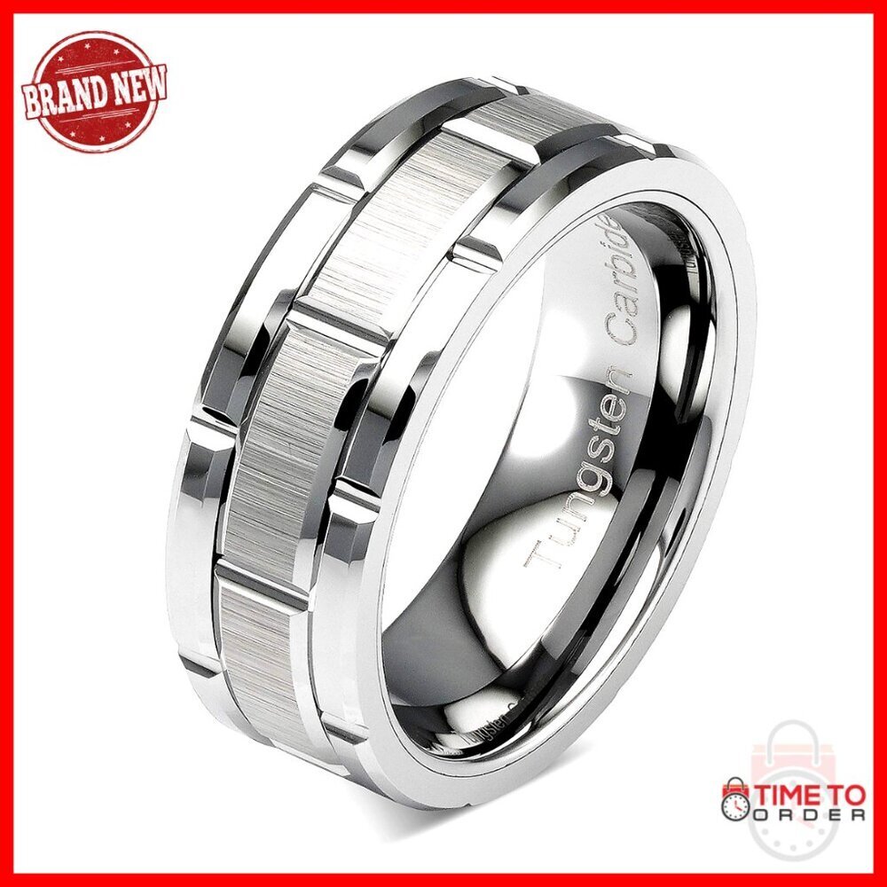 Tungsten Wedding Band Silver Brick Pattern Men's Ring Size 6-16